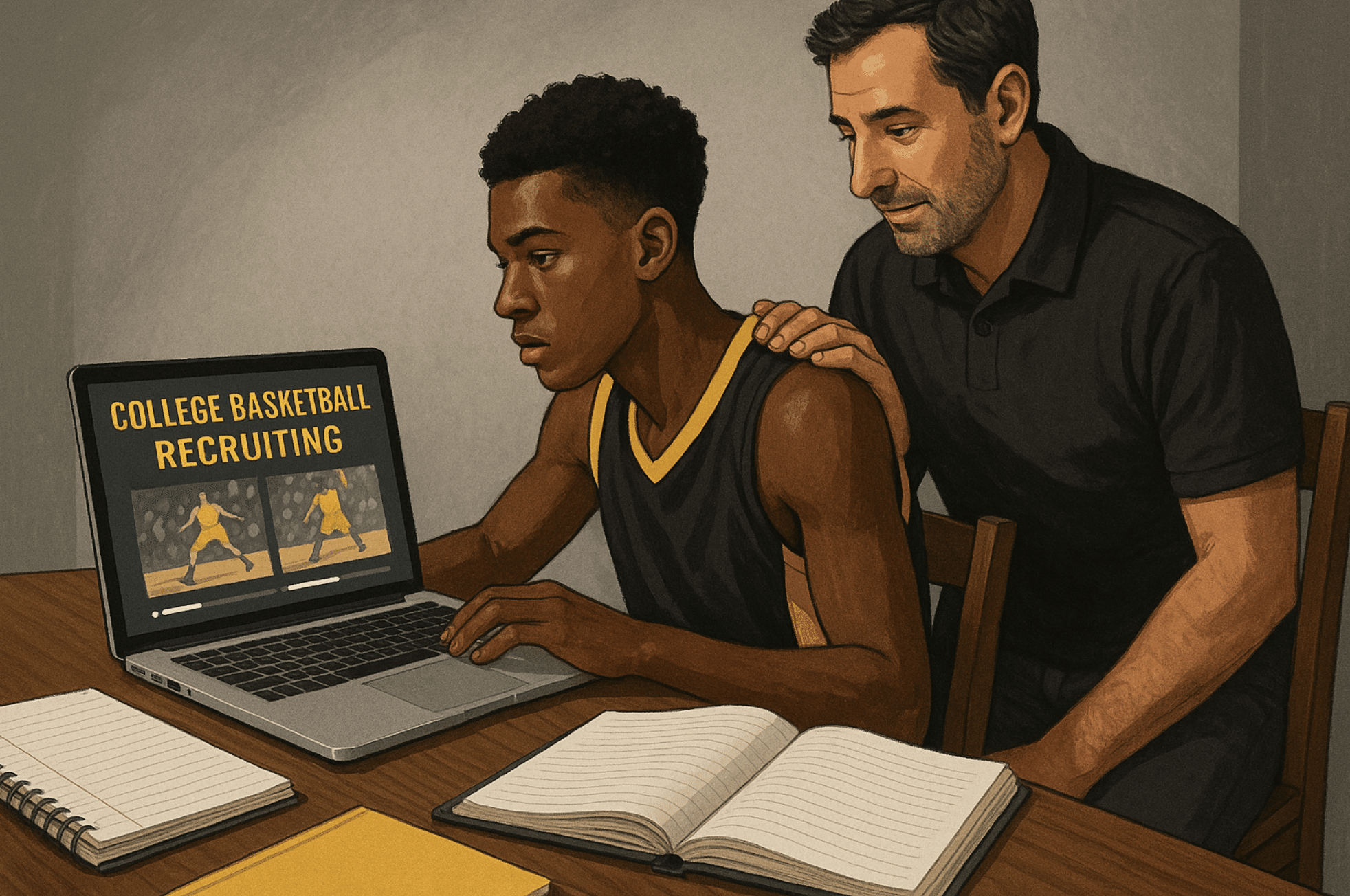 High school basketball player reviewing college recruiting materials with parent nearby, preparing highlight videos and emails.